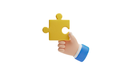 3D Hand holding a yellow puzzle piece on transparent background
