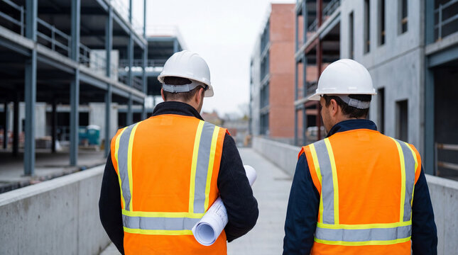 construction workers in safety vests and hard hats inspecting modern building site and reviewing blueprints during commercial project - Powered by Adobe