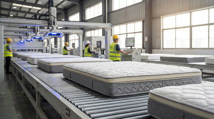 Automated mattress production line in modern factory with workers inspecting quality on conveyor under industrial lighting systems
