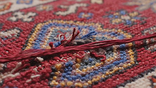 Close-up view of a vibrant, intricately woven textile with red, blue, and yellow patterns, showing loose threads and the detailed texture of the knots.