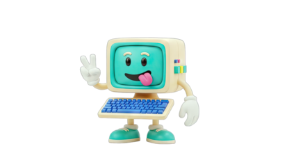 3D Retro computer character making peace sign and sticking out tongue on transparent background