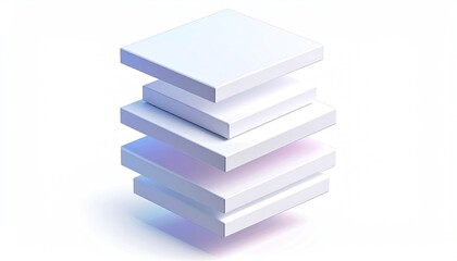 Isometric view of stacked, decreasing-sized, white 3D squares