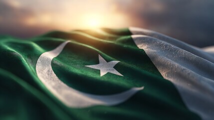 A waving green flag featuring a white crescent and star, symbolizing a nation