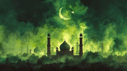 A waving green flag featuring a white crescent and star, symbolizing a nation