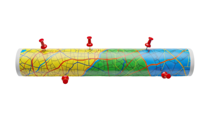 3D Rolled Map with Red Push Pins on transparent background