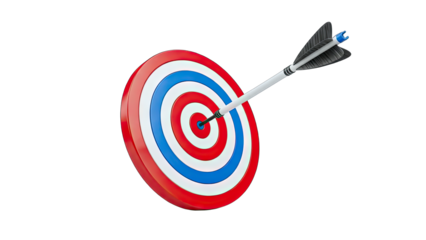 3D Arrow hitting bullseye on a target on transparent background