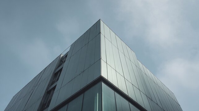 Modern glass building corner against a cloudy sky angled upward view.