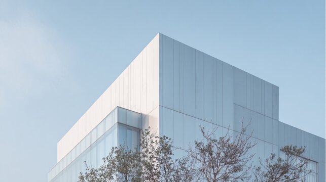 Modern building exterior with glass facade and angular design against a light sky.