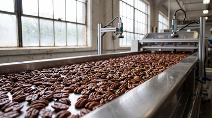 Shelled pecans moving along automated stainless steel conveyor belt in bright industrial food processing facility near large factory windows
