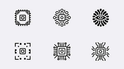 Six black and white illustrations of microchip circuit board designs with eye