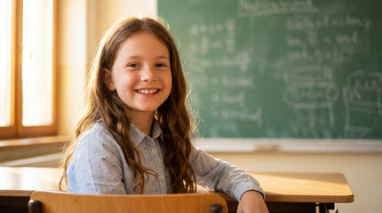 Smiling schoolgirl sitting at classroom desk with chalkboard in background during warm afternoon light