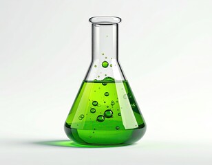 Clear glass flask holding bright green liquid, bubbles, white backdrop