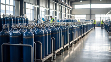 industrial gas cylinders aligned in modern manufacturing facility with workers inspecting equipment in spacious production warehouse