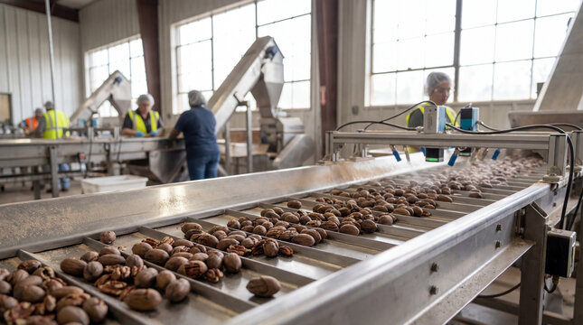 workers sorting pecans on a conveyor belt inside a nut processing plant with industrial machinery and large windows in the background