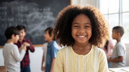 Smiling elementary school girl standing in bright classroom with diverse classmates talking in background near chalkboard and window light
