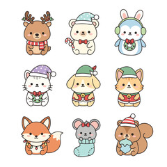Fototapeta premium Adorable Christmas Animals Collection Featuring Cute Cartoon Characters Celebrating the Holidays