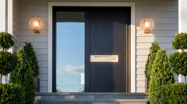 Modern black front door entrance with symmetrical topiary shrubs, warm wall lanterns, and clean gray siding on contemporary home facade - Powered by Adobe
