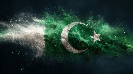 A waving green flag featuring a white crescent and star, symbolizing a nation