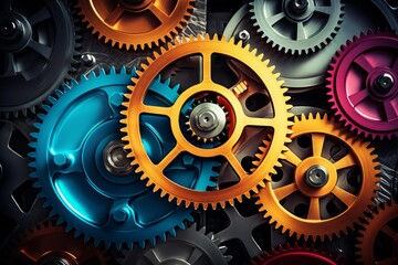 Interlocking colorful metallic gears representing cooperation, engineering, and industrial processes