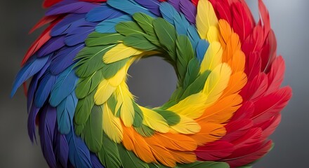 Fototapeta premium Vibrant rainbow feather wreath with a swirling spiral design
