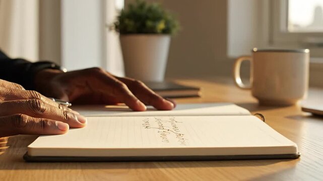 Focused Writer Composing Thoughts in Notebook with Warm Lighting