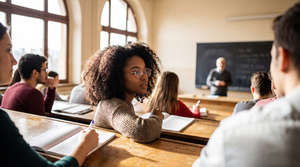 Curly haired student listening attentively in bright college lecture hall during daytime class discussion with diverse classmates
