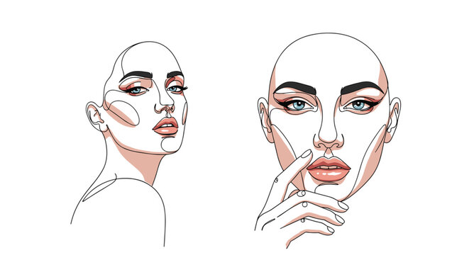 Minimalist continuous line art illustration of a woman face in two different poses with soft skin tones and blue eyes on white.