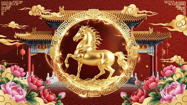 A vibrant digital illustration of the fire horse zodiac symbol for Chinese New Year 2026, set against a stunning red background with traditional architecture and blooming flowers.