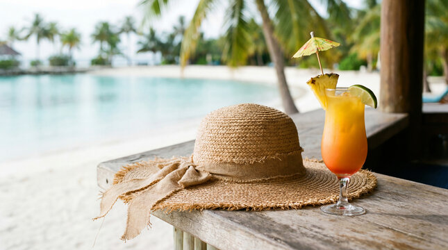 Straw sun hat and tropical cocktail on wooden bar overlooking tranquil turquoise lagoon and palm lined white sand beach - Powered by Adobe