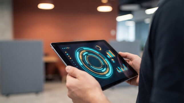 person holding digital tablet with futuristic holographic dashboard interface displaying analytics and glowing circular data visualization - Powered by Adobe