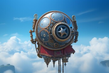 Steampunk airship with intricate gears and metal details flying above a cloudy sky