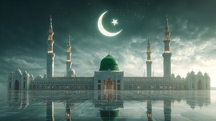 A waving green flag featuring a white crescent and star, symbolizing a nation