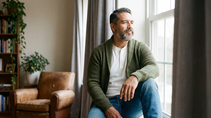 thoughtful middle aged man sitting by bright living room window in casual clothes, reflecting quietly in peaceful home interior