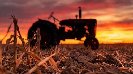 silhouette of tractor in dry harvested field at dramatic sunset with cracked soil and colorful sky