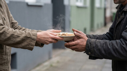 Fototapeta premium Close up of two people sharing a steaming bowl of warm food outdoors, symbolizing kindness, compassion, and human connection