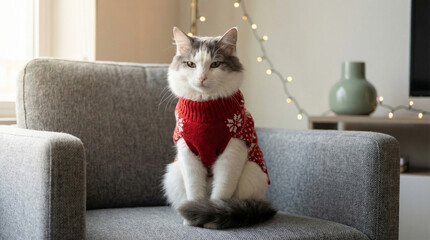 Calm domestic cat wearing cozy red winter sweater sitting on modern gray armchair in softly lit living room with festive lights