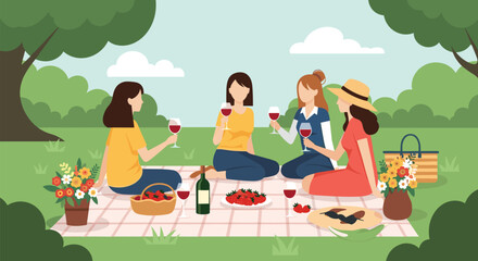 Fototapeta premium Group of four female friends enjoying a relaxing outdoor picnic with wine and fruit in a beautiful green park.