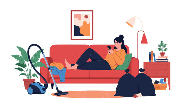 Relatable scene of a woman procrastinating cleaning by lying on a sofa and scrolling her phone in a messy room.