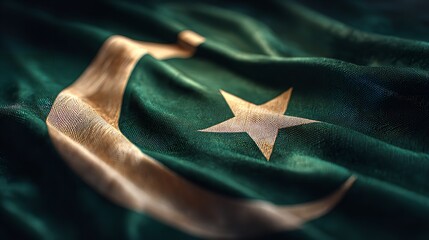 A waving green flag featuring a white crescent and star, symbolizing a nation