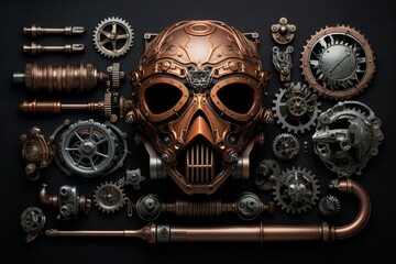 Steampunk copper mask surrounded by various metallic gears and industrial components on a dark background