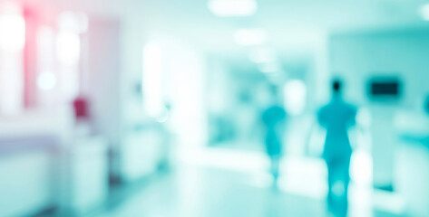 Blurred hospital hallway with figures in teal scrubs walking away down a long corridor, conveying motion, routine medical work, and a focused healthcare environment.