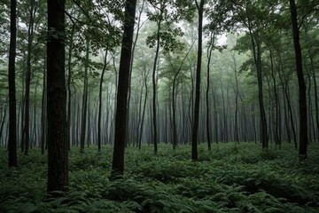 Obraz premium Nebliger Wald mit hohen Baumstämmen und ruhiger Morgenstimmung