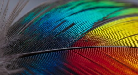 Vibrant macro photograph of a colorful feather with iridescent hues