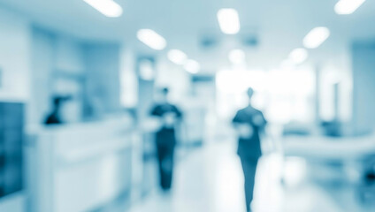 Blurred hospital corridor with two indistinct medical staff figures, suggesting movement and urgency inside a clean healthcare interior with soft lighting and professional atmosphere.