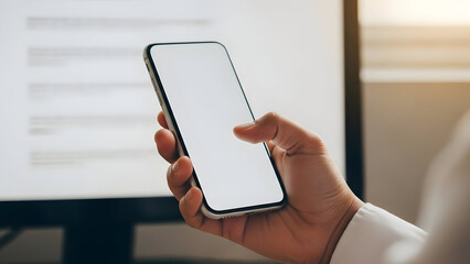 A person holding a smartphone with a blank screen in front of a computer monitor