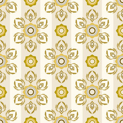 Damask motif ethnic seamless pattern with gold ornament on beige background. Vector illustration. Ideas for wallpaper, paper craft, rugs, tiles, carpets, curtains, and textiles.