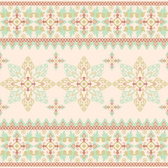 Damask seamless floral pattern in pastel colors. Vector illustration. Thai motif ethnic pattern. Design for textiles, fabric edges, tapestry, home decor, tiles, and wallpaper. 