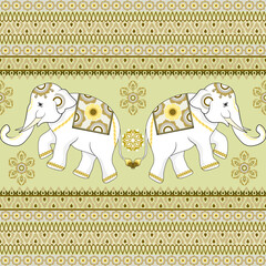 Light gold damask seamless pattern with elephants in oriental ethnic style. Vector illustration. Thai ethnic pattern. Ideas for wallpaper, elaborate borders, tapestry, and textiles.