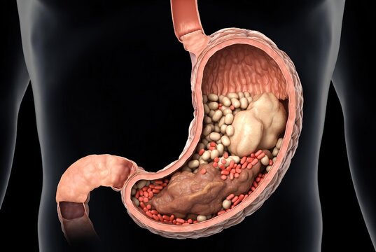 3D illustration of stomach contents including undigested food and