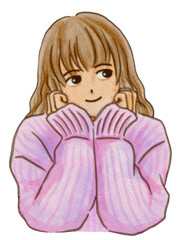 セーターを着て頬杖をつく女の子　水彩